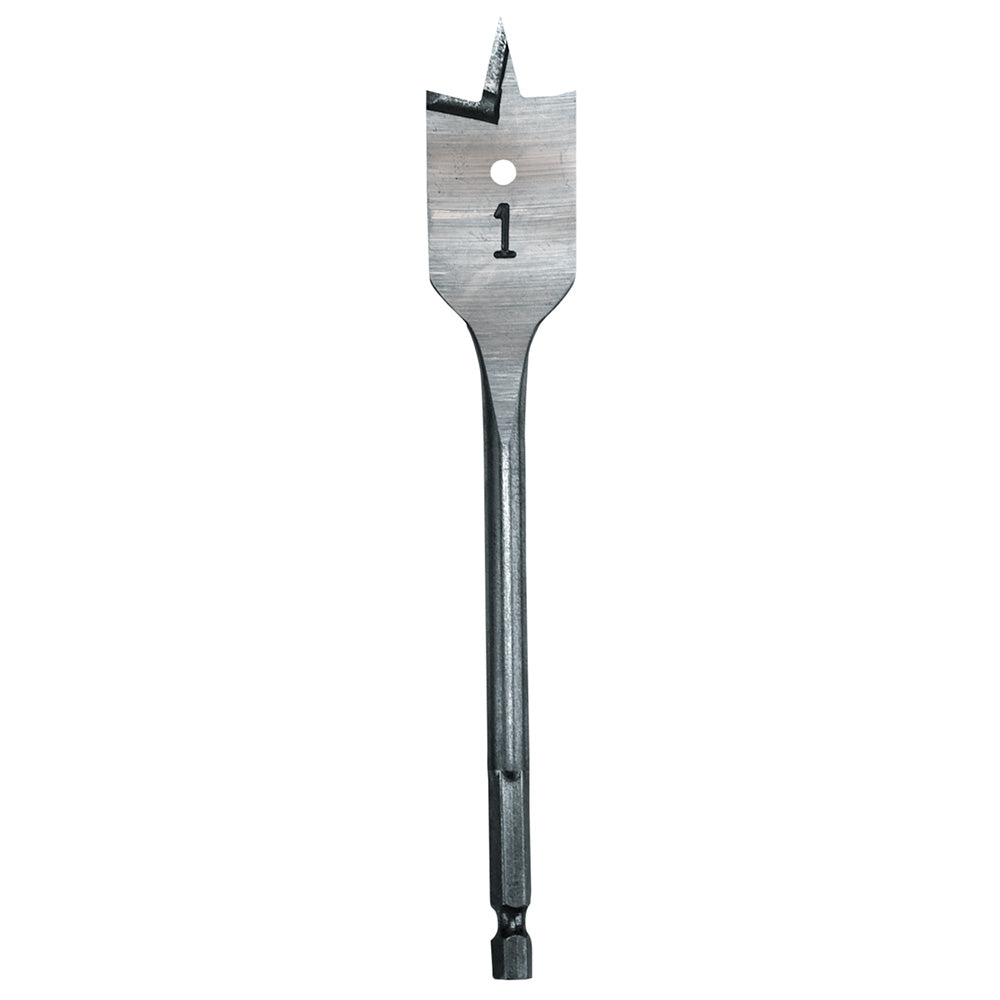 Steel flat boring bit with 1-inch wide paddle head and pointed tip, marked with size designation.
