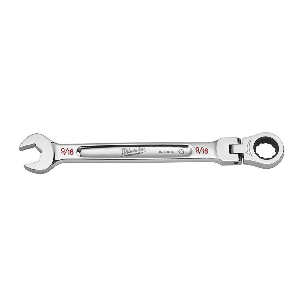 Milwaukee 9/16" flex head combination wrench with open end and ratcheting box end in polished chrome finish.