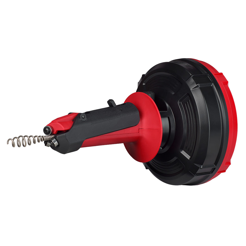 Red and black cable drive auger with spiral coil attachment for drain cleaning.