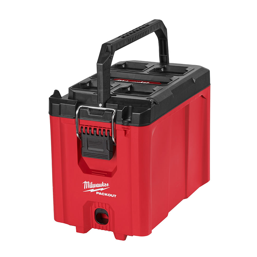 Red and black Milwaukee PACKOUT compact tool box with hinged top lid, black carry handle, and metal latch closure.