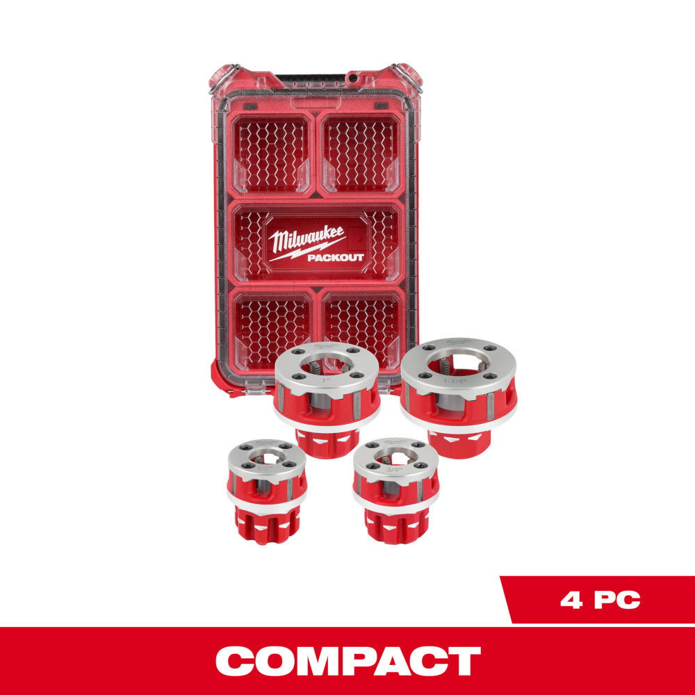 Milwaukee PACKOUT case with four red and silver pipe threading die heads of varying sizes.