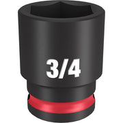 Black 3/4" socket with 6-point opening, 3/8" drive, marked "3/4" with red grip band at base.