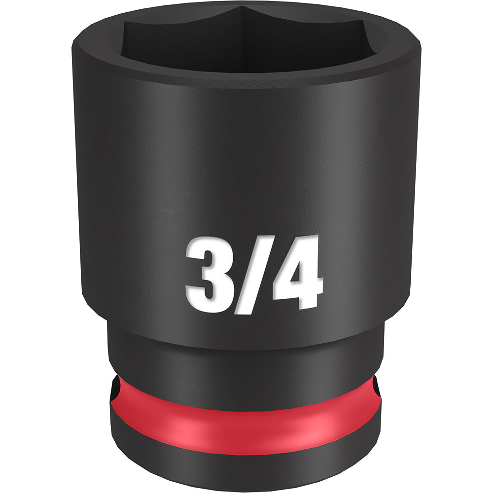 Black 3/4" socket with 6-point opening, 3/8" drive, marked "3/4" with red grip band at base.