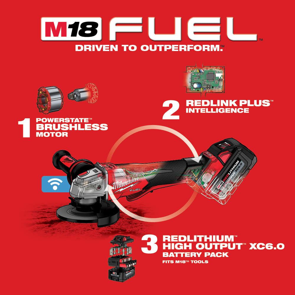Red and black Milwaukee M18 FUEL cordless angle grinder with paddle switch, featuring brushless motor and battery pack on red