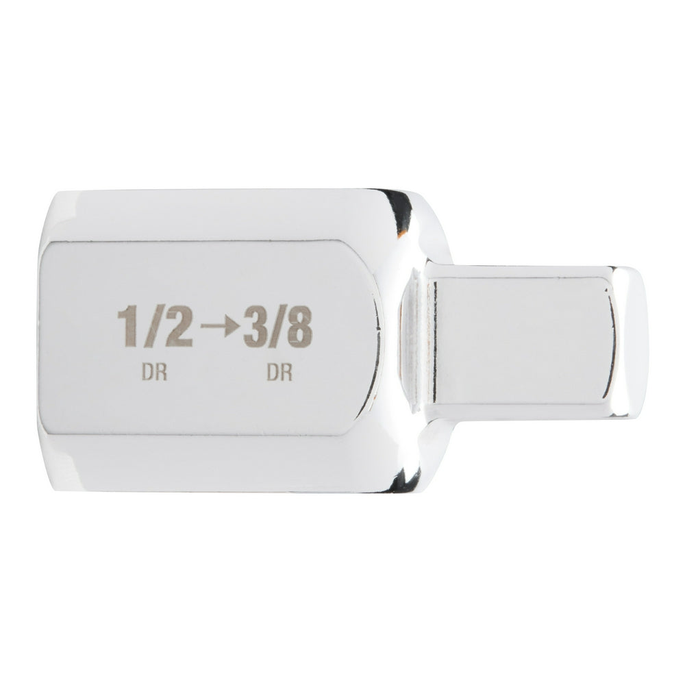 Chrome socket adapter with 1/2" female drive on left and 3/8" male drive on right, marked "1/2→3/8 DR".
