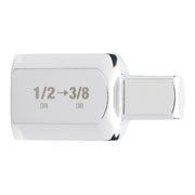 Chrome socket adapter with 1/2" female drive on left and 3/8" male drive on right, marked "1/2→3/8 DR".