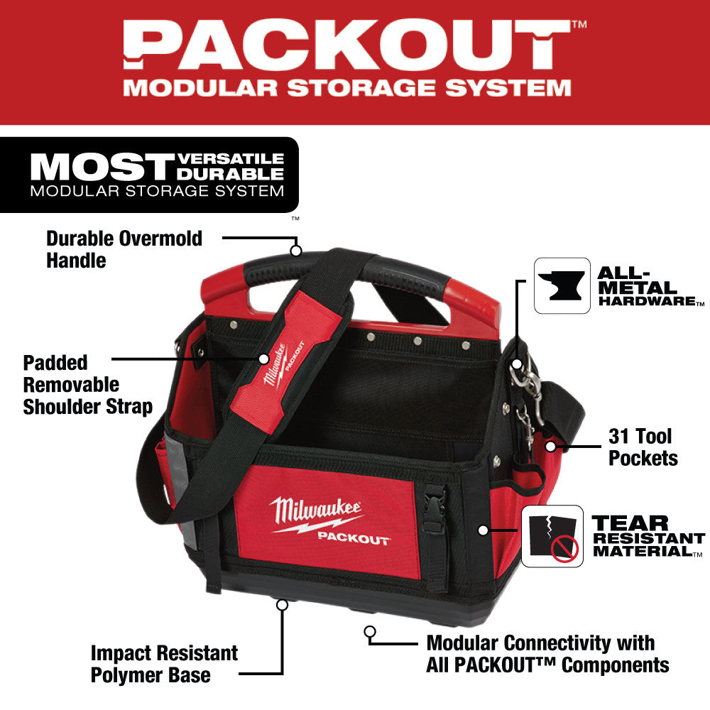 Red and black Milwaukee PACKOUT tote with durable overmold handle, padded shoulder strap, and 31 tool pockets.
