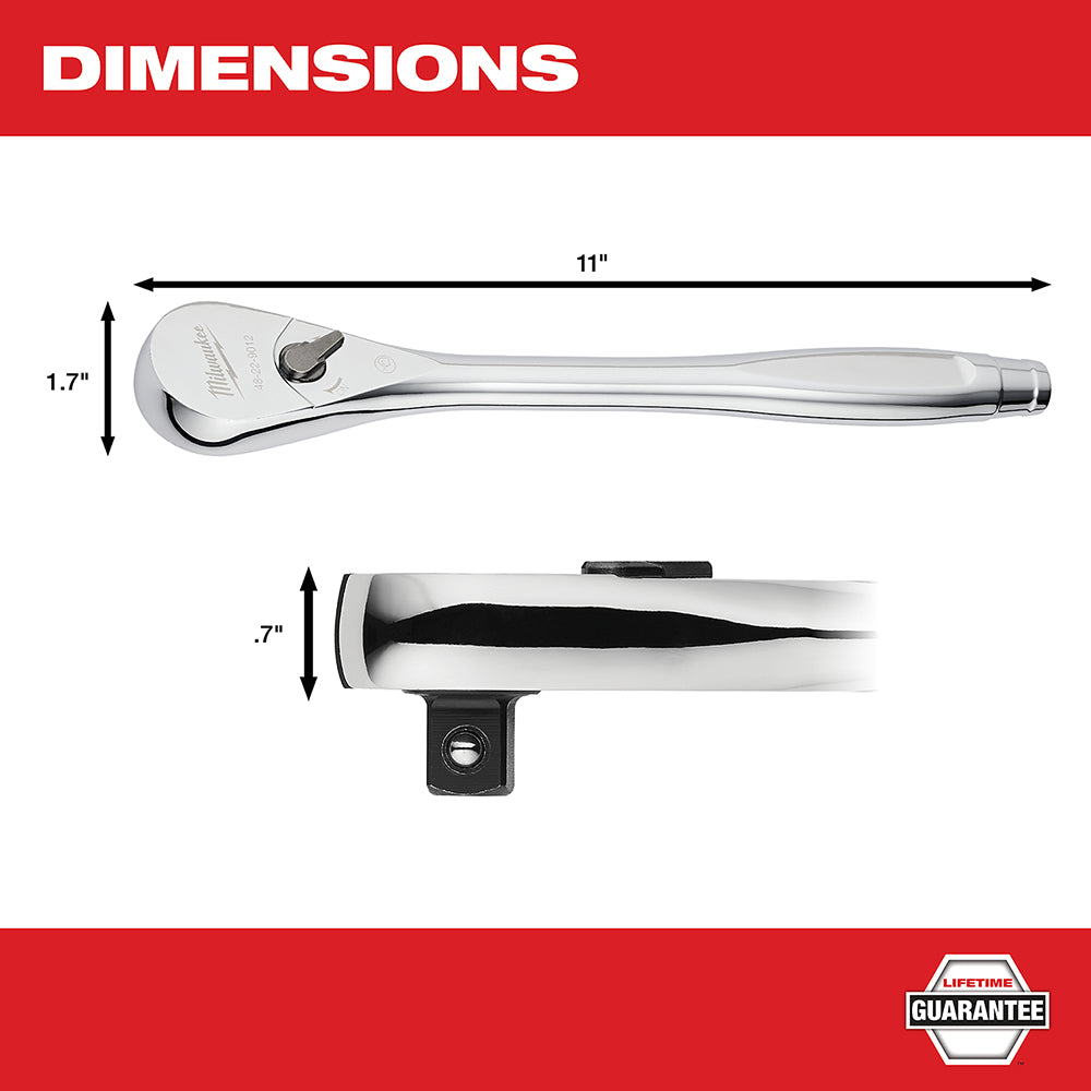 Milwaukee 1/2 in. drive ratchet with chrome finish, shown in top and side views with dimensions.
