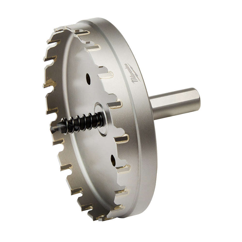 Gray carbide hole cutter with serrated cutting edge and threaded center arbor for drill press attachment.