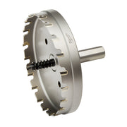 Gray carbide hole cutter with serrated cutting edge and threaded center arbor for drill press attachment.