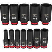 Twelve black Milwaukee deep sockets with red grip bands in SAE sizes from 3/8" to 1", arranged in two rows.