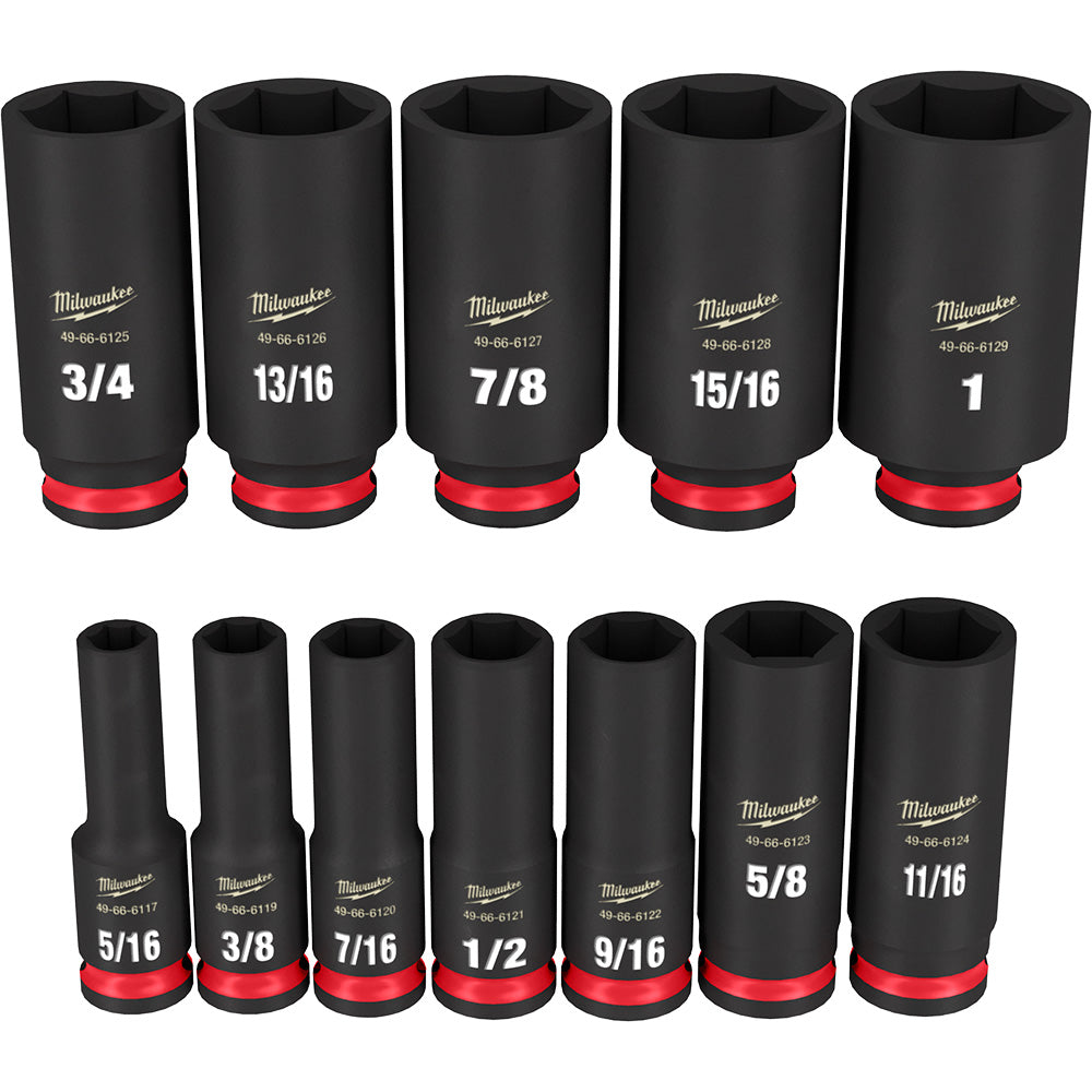 Twelve black Milwaukee deep sockets with red grip bands in SAE sizes from 3/8" to 1", arranged in two rows.