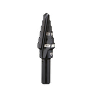 Milwaukee step drill bit with stepped cone design, labeled 3/8 and 1/2 inch size markers on black shaft.