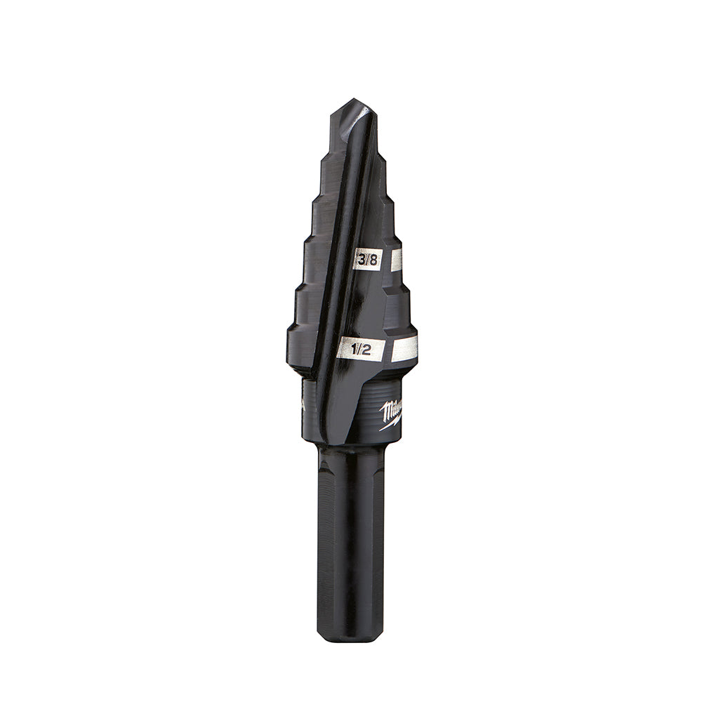 Milwaukee step drill bit with stepped cone design, labeled 3/8 and 1/2 inch size markers on black shaft.