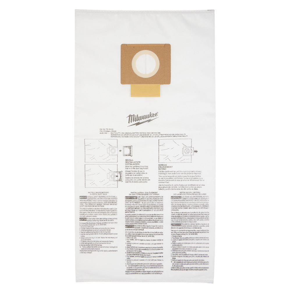 White fleece dust bag with brown cardboard collar and yellow extension tube for Milwaukee wet/dry vacuums.
