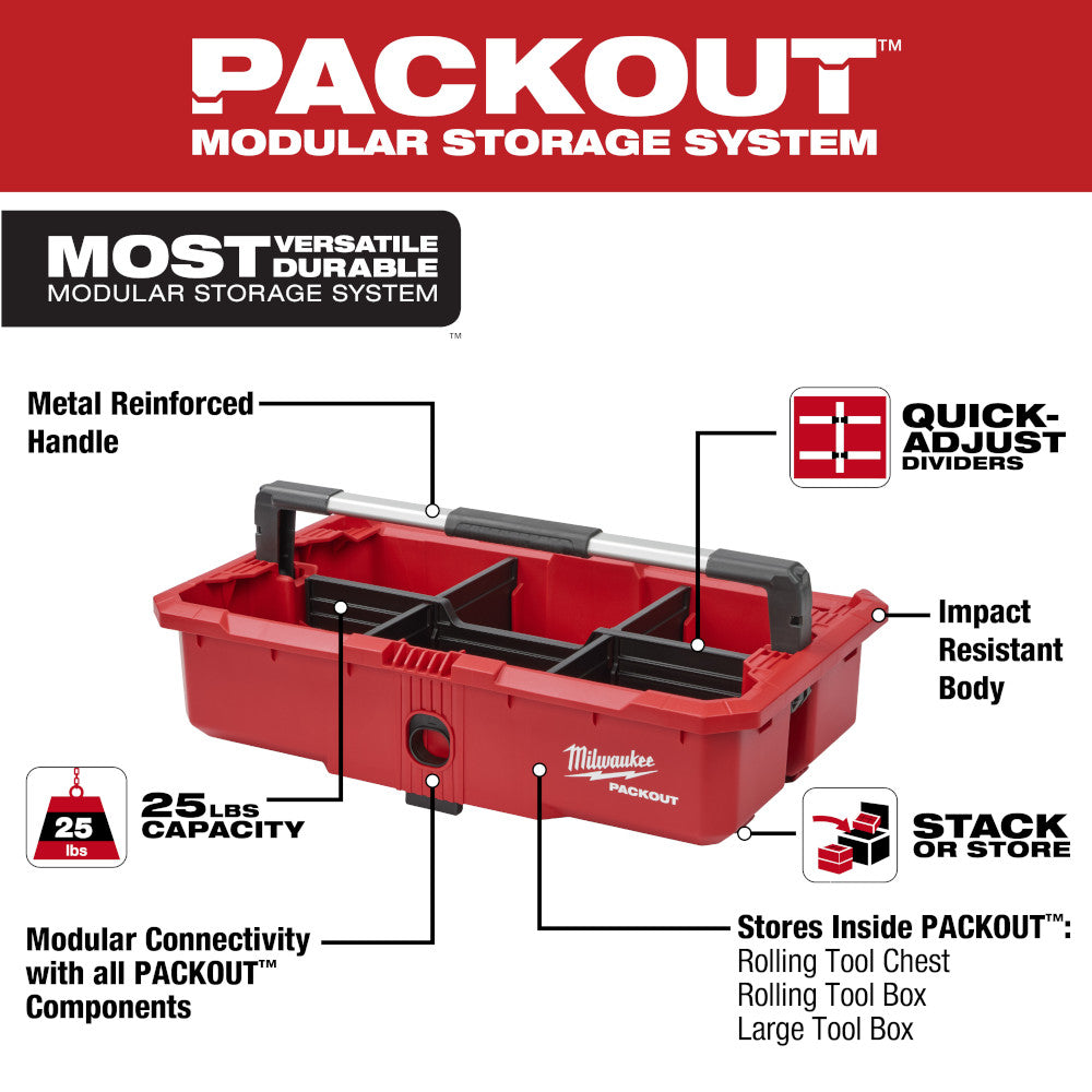 Red plastic tool tray with metal-reinforced handle, adjustable dividers, and 25 lbs capacity for PACKOUT modular storage syst