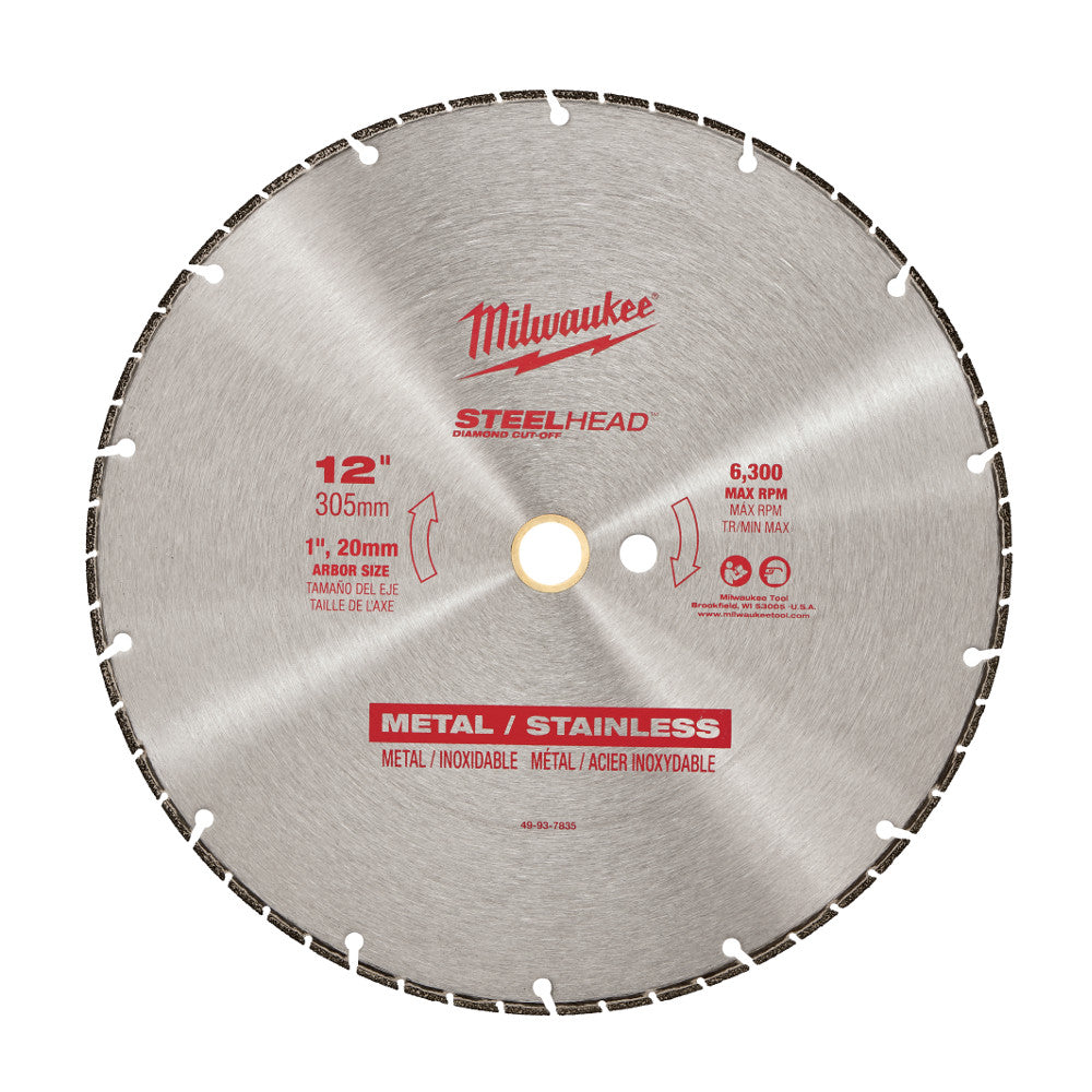 12-inch Milwaukee STEELHEAD diamond cut-off blade with segmented edge and center arbor hole for metal and stainless steel cut