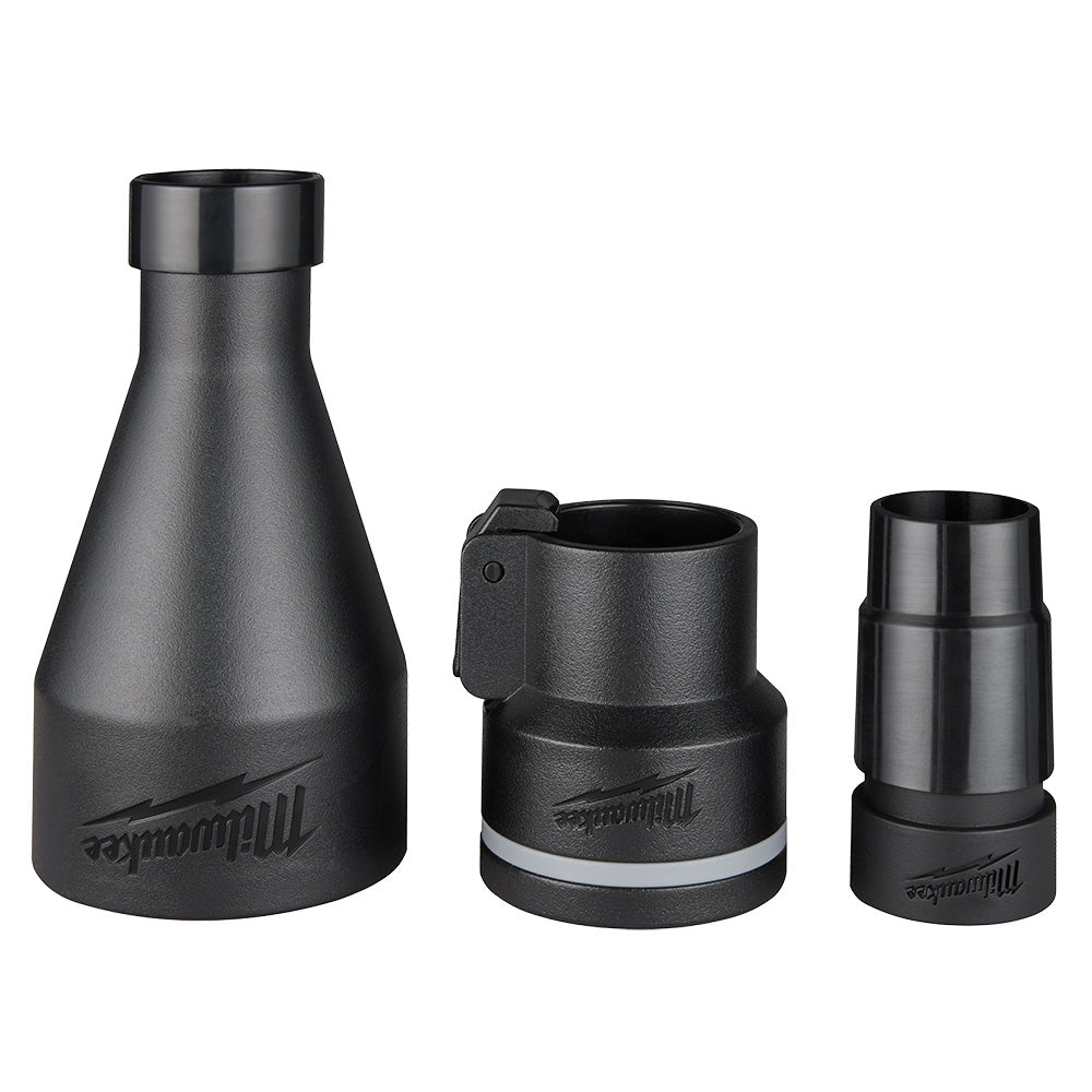 Black Milwaukee dust extraction adapter kit with three cylindrical components of varying sizes.