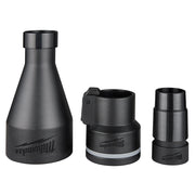 Black Milwaukee dust extraction adapter kit with three cylindrical components of varying sizes.