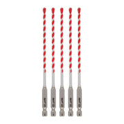 Five carbide hammer drill bits with red and gray fluted shafts and gray hex shanks.