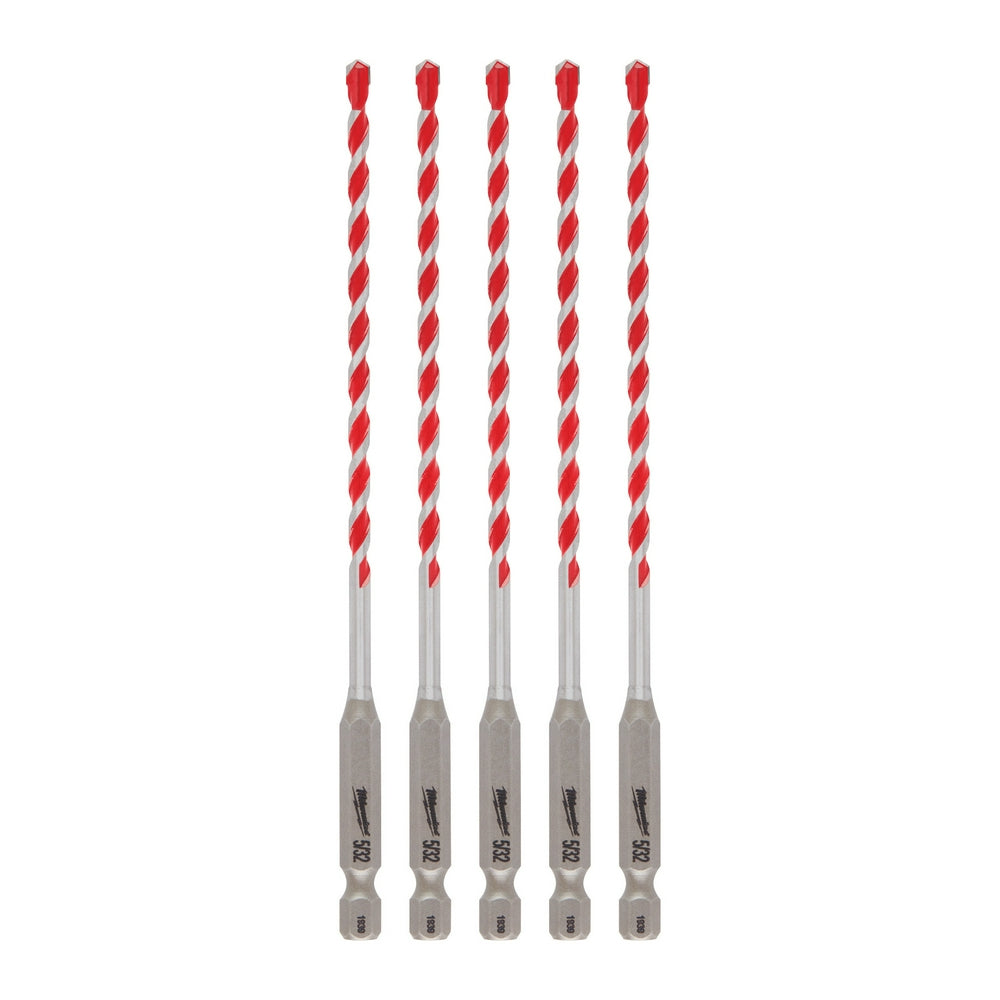 Five carbide hammer drill bits with red and gray fluted shafts and gray hex shanks.