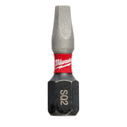 Gray and black square recess #2 insert bit with red Milwaukee band and "2" marking on hexagonal base.