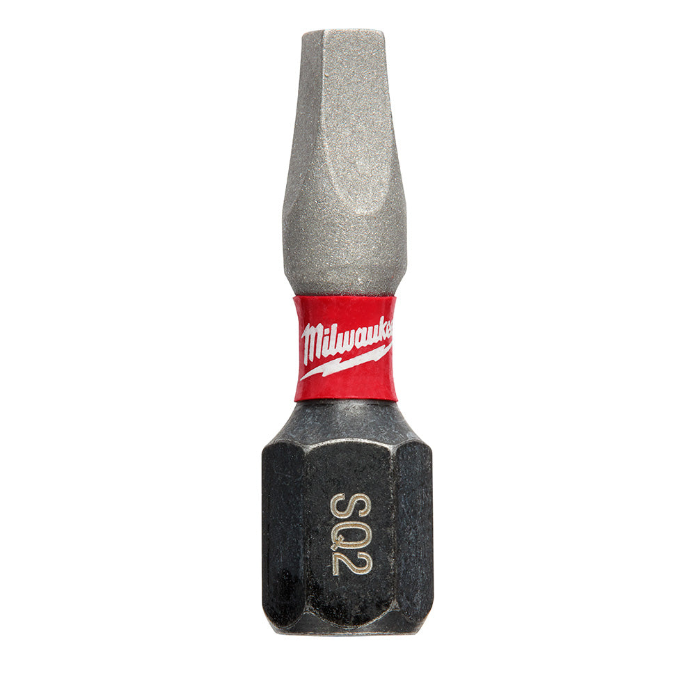 Gray and black square recess #2 insert bit with red Milwaukee band and tapered tip.