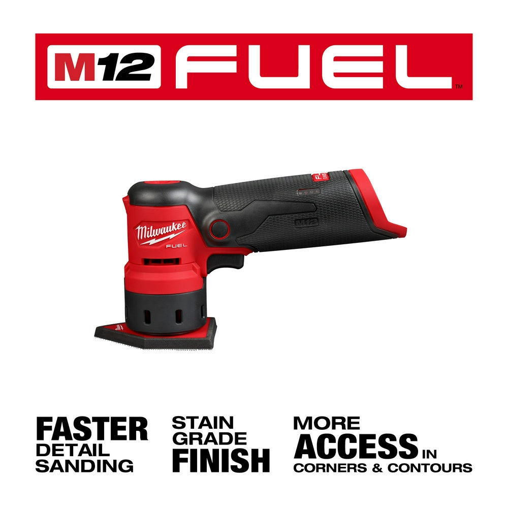 Red and black Milwaukee M12 FUEL orbital detail sander with textured grip handle and small rectangular sanding pad.