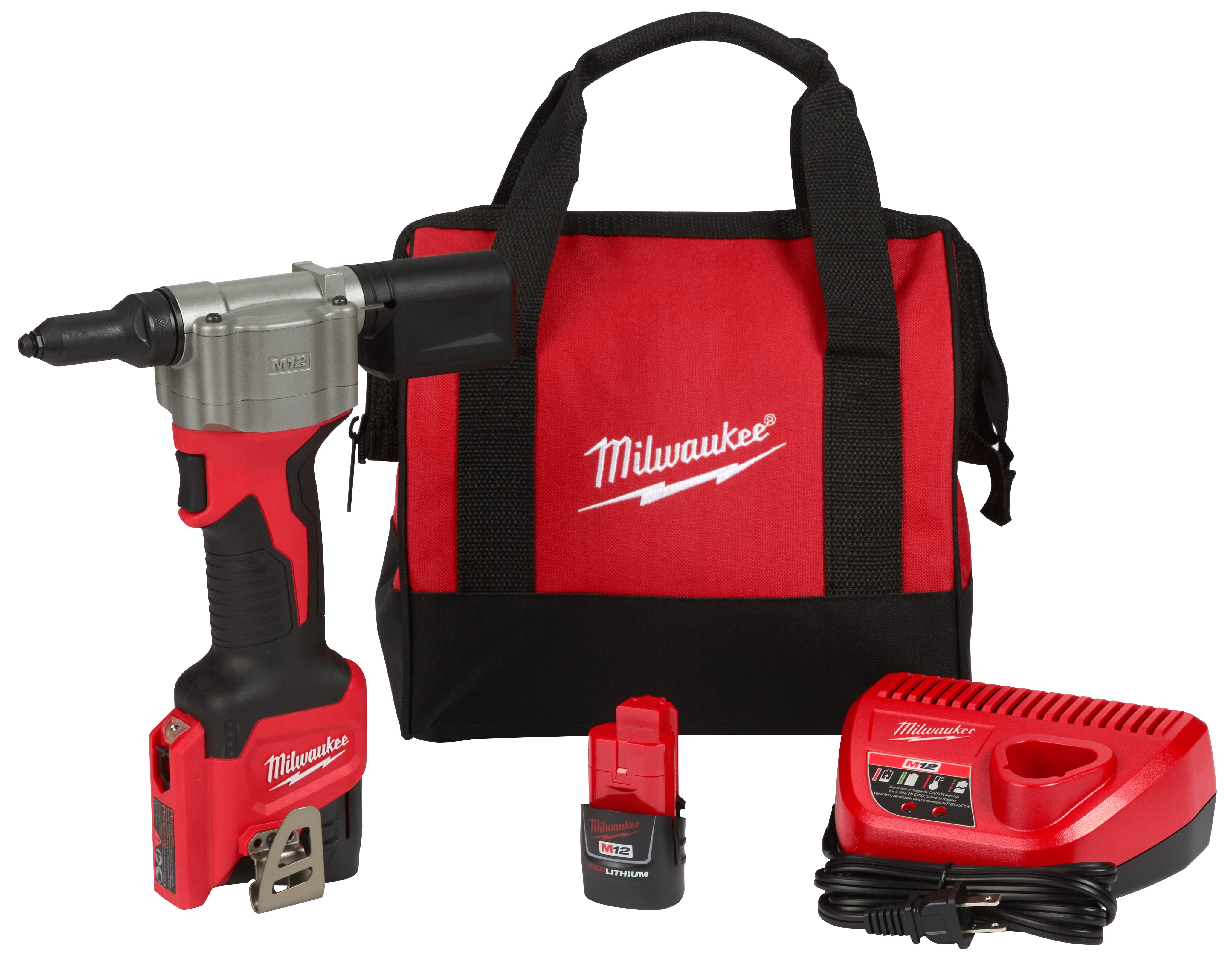 Milwaukee M12 cordless rivet tool kit with red and black tool bag, battery, and charger.