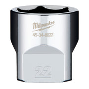 Chrome 3/8" drive socket with 22mm opening and Milwaukee branding on polished metal body.