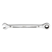 Silver 10mm ratcheting combination wrench with open end on left and ratchet head on right.