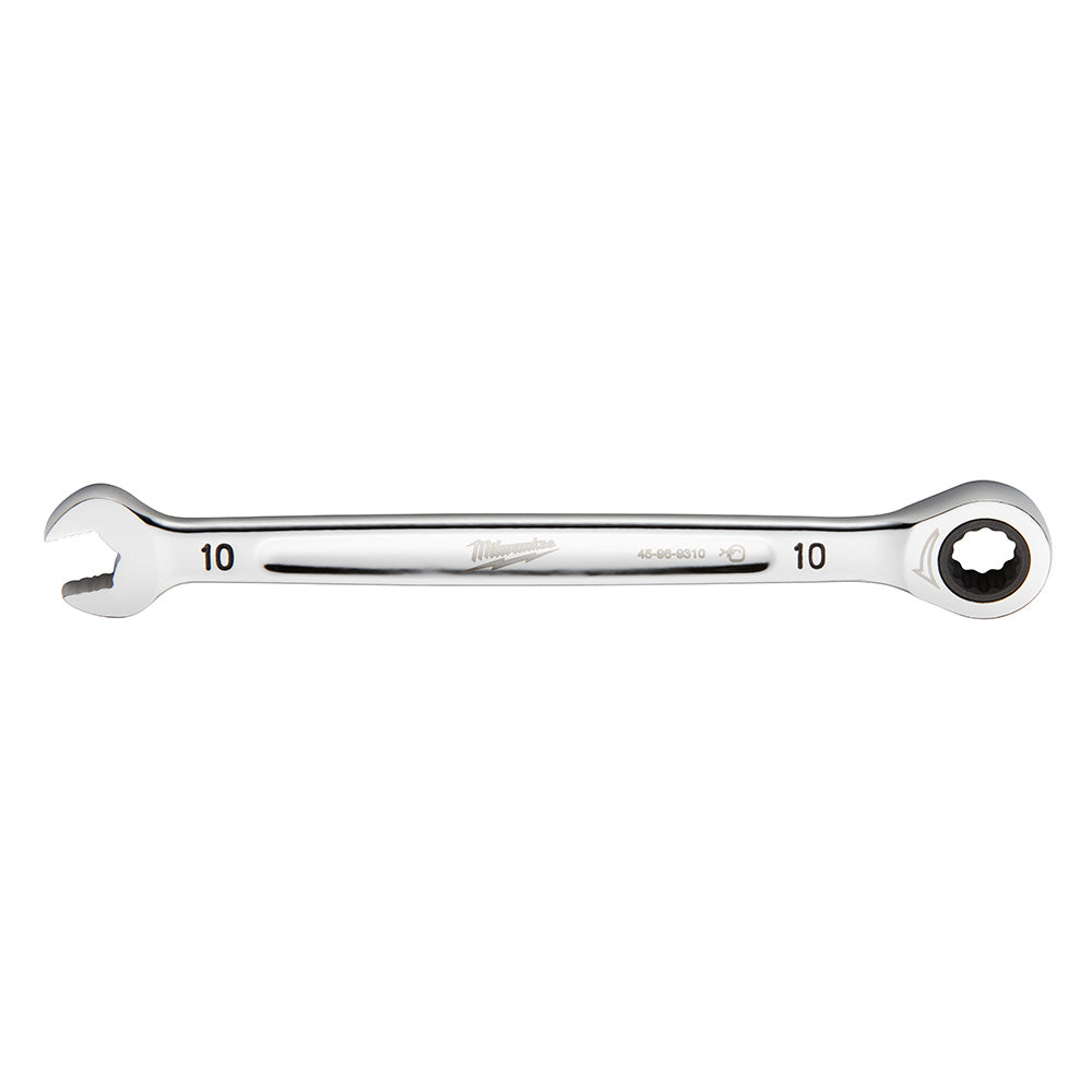 Silver 10mm ratcheting combination wrench with open end on left and ratchet head on right.