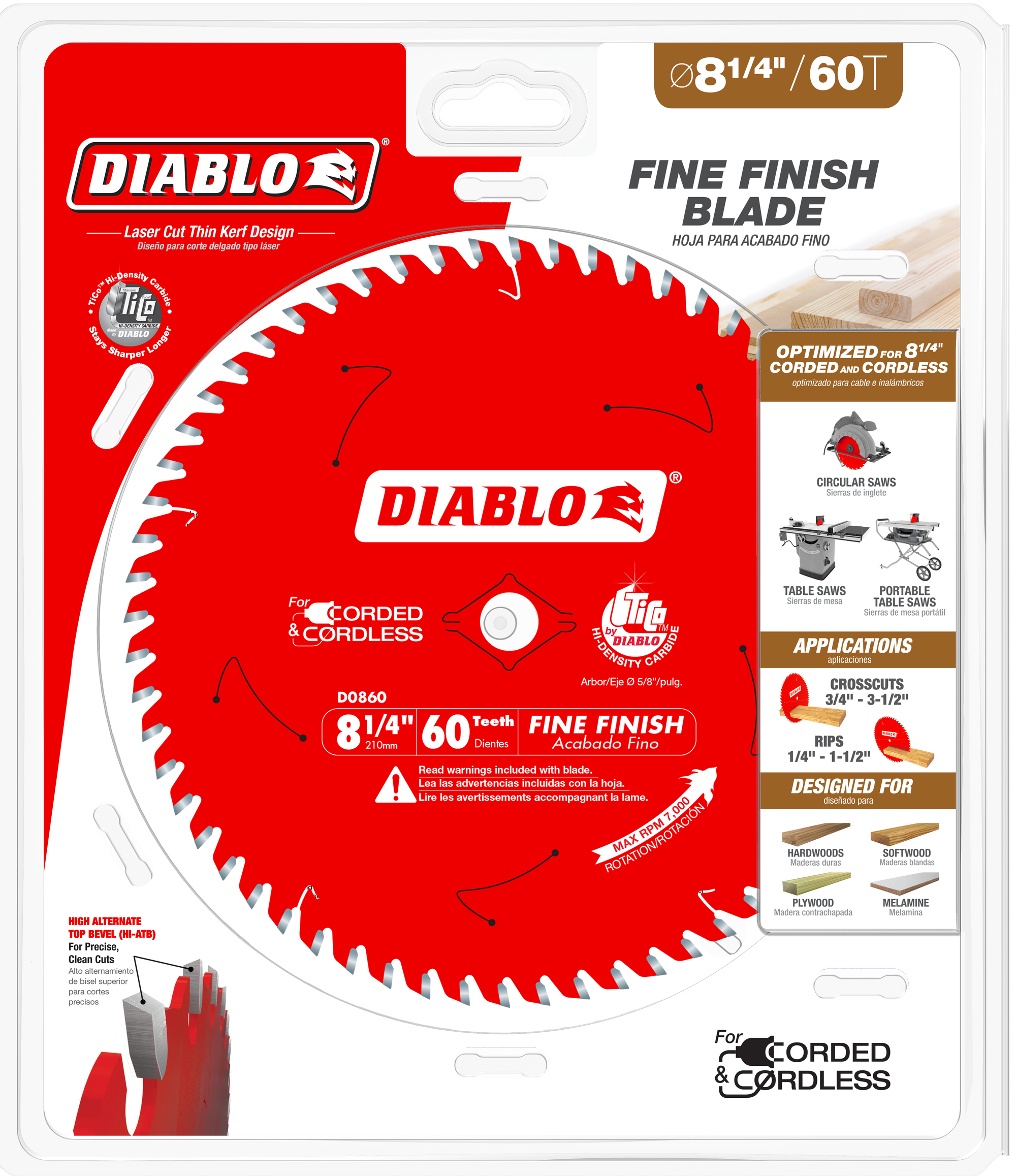 Diablo 8-1/4 inch circular saw blade with 60 teeth on red packaging showing specifications and applications.