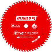 Red circular saw blade with 60 white teeth around the edge and Diablo branding in the center.