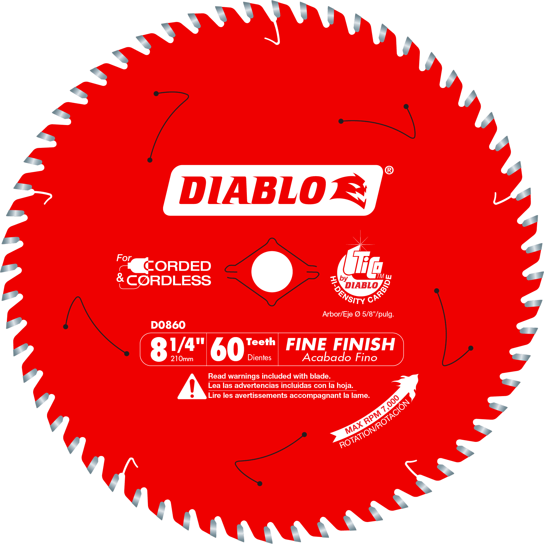 Red circular saw blade with 60 white teeth around the edge and Diablo branding in the center.