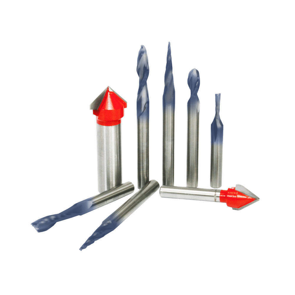 Eight CNC router bits with metal shanks and various blue and red cutting heads in different shapes and sizes.