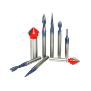 Eight CNC router bits with metal shanks and various blue and red cutting heads in different shapes and sizes.