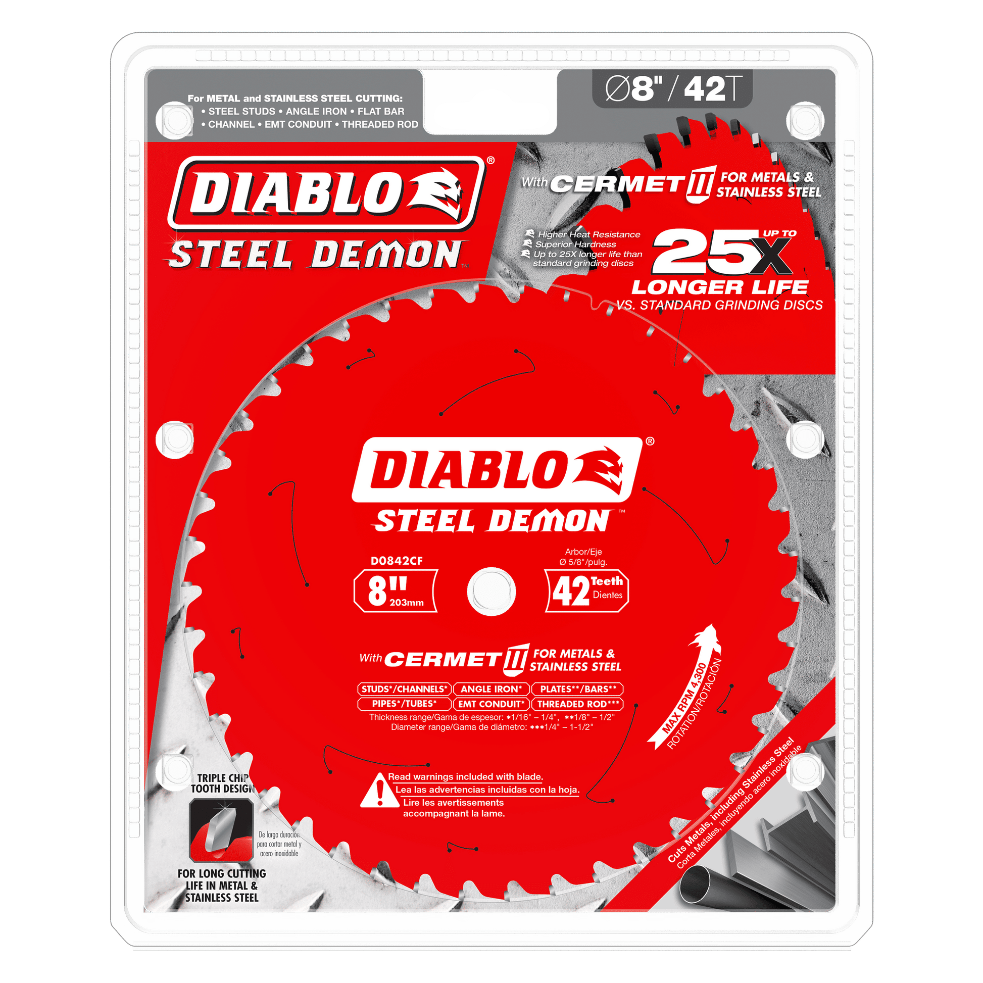 Diablo Steel Demon 8-inch, 42-tooth red circular saw blade with Cermet II coating for metal and stainless steel cutting.