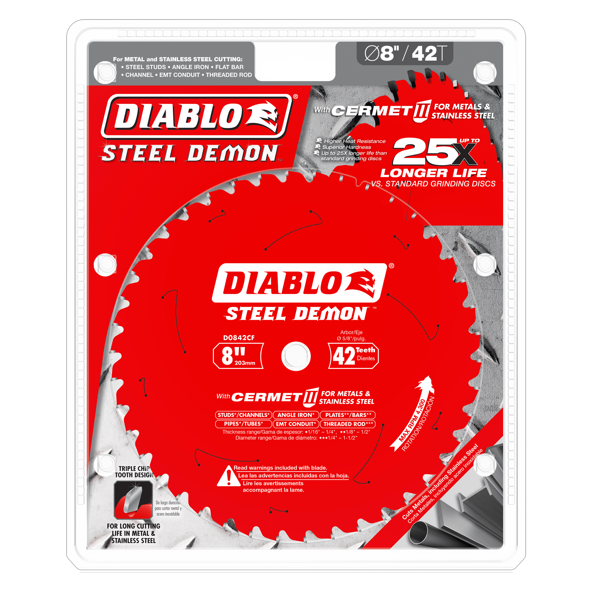 Diablo Steel Demon 8-inch, 42-tooth red circular saw blade with Cermet II coating for metal and stainless steel cutting.