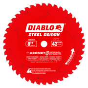 Red circular saw blade with 42 white teeth, center arbor hole, and white Diablo Steel Demon branding and specifications print