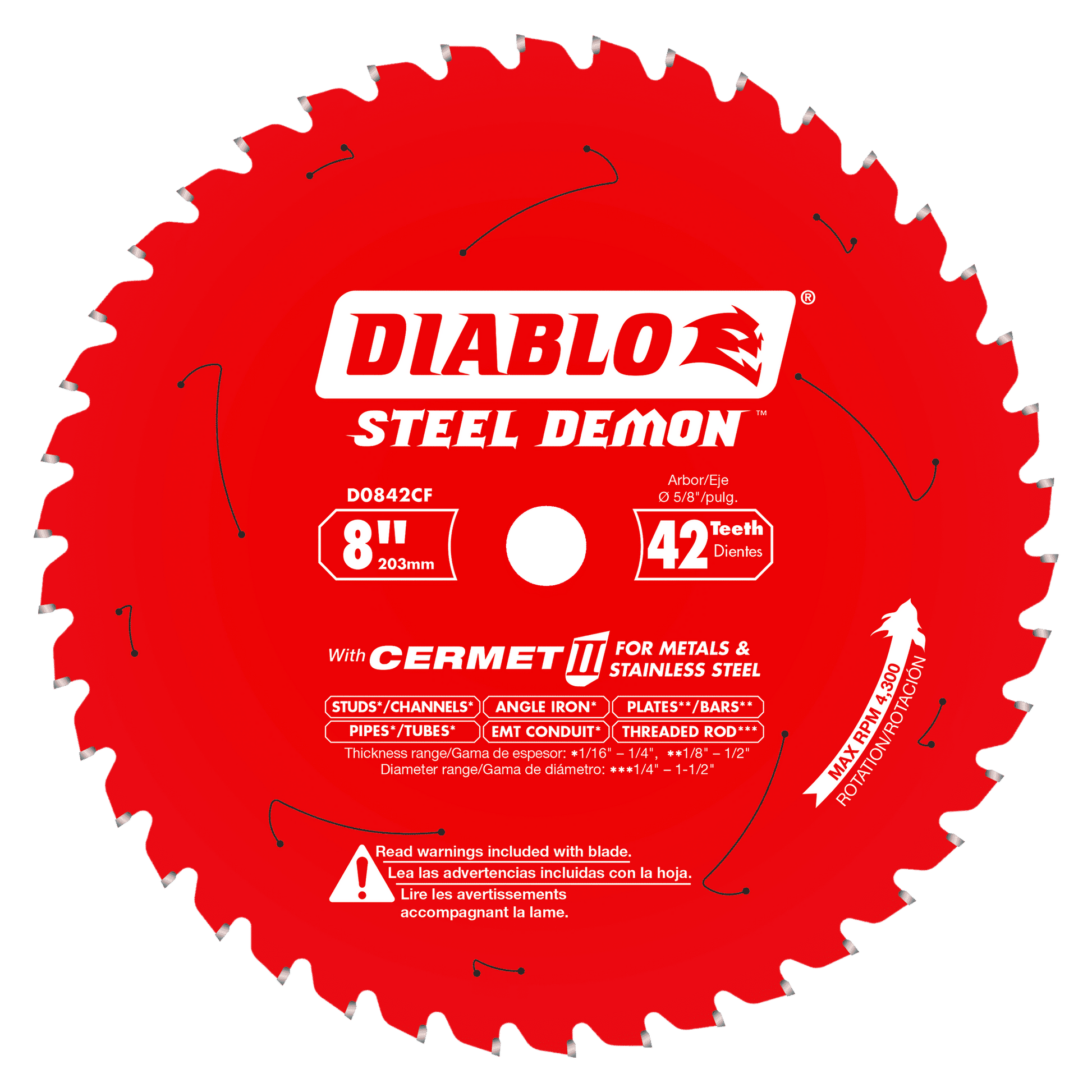 Red circular saw blade with 42 white teeth, center arbor hole, and white Diablo Steel Demon branding and specifications print