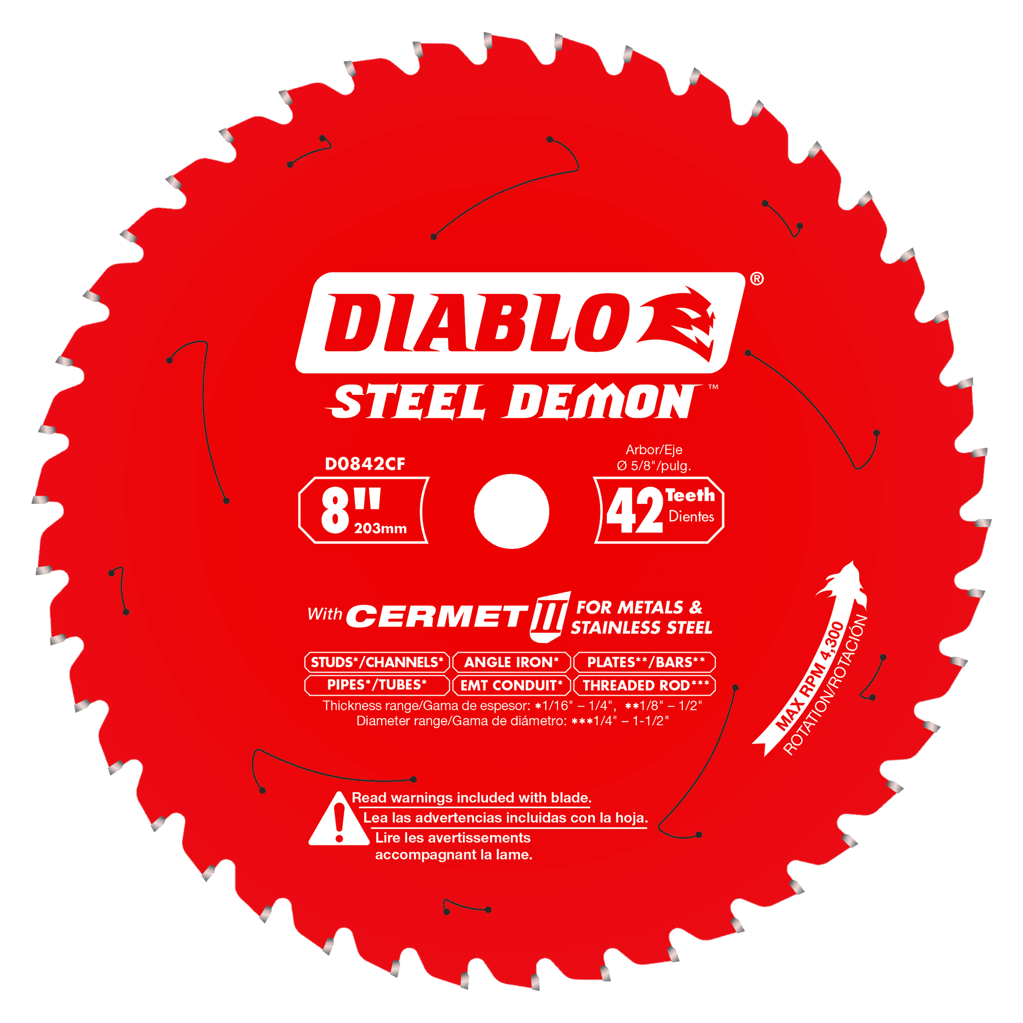 Red circular saw blade with 42 white teeth, center arbor hole, and white Diablo Steel Demon branding and specifications print