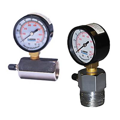 Two Legend Valve air pressure testers with round dial gauges, one with side mount and one with end mount brass connection.