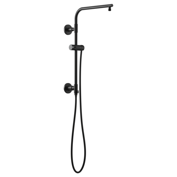 Black linear shower column with angled overhead arm, hand shower, and adjustable slide bar mounted on wall.