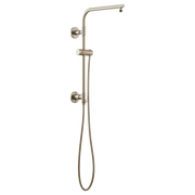 Brushed nickel shower column with fixed showerhead, handheld wand, and two wall-mounted control handles.