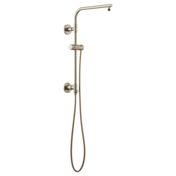 Brushed nickel shower column with fixed showerhead, handheld wand, and two wall-mounted control handles.