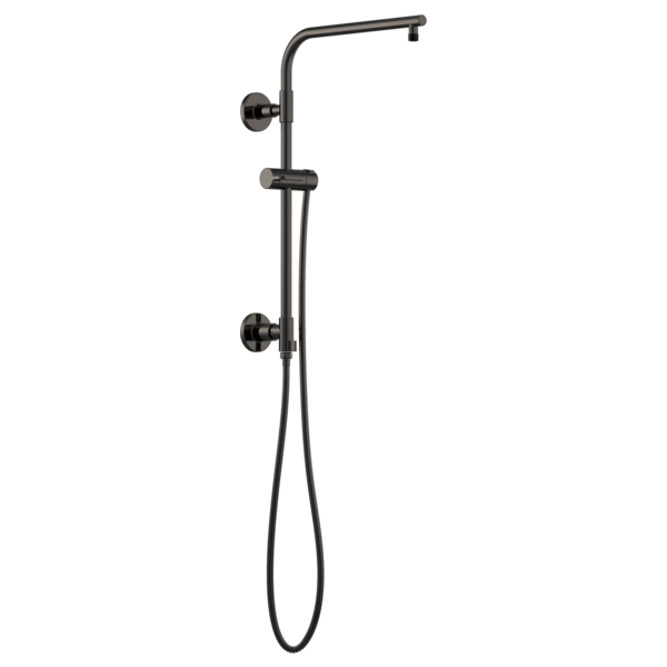 Black matte finish shower column with curved overhead arm, handheld sprayer, and wall-mounted controls.