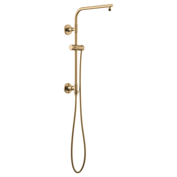 Brushed gold shower column with linear design, wall-mounted showerhead, handheld sprayer, and vertical slide bar.