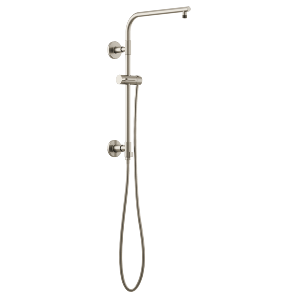 Brushed nickel shower column with curved overhead arm, handheld showerhead, and vertical slide bar with hose.