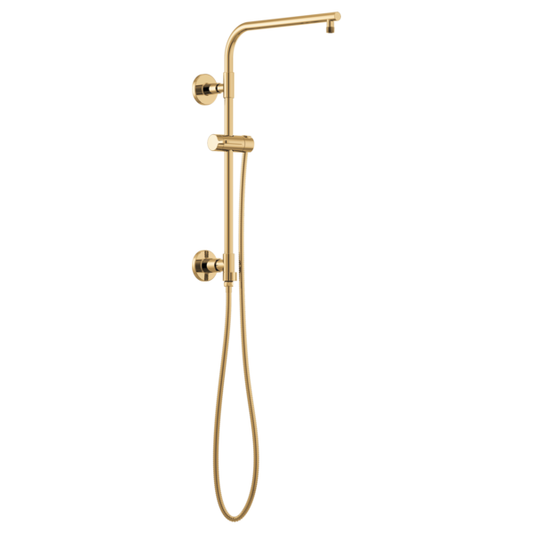 Brass shower column with angled overhead arm, hand shower, and wall-mounted controls.